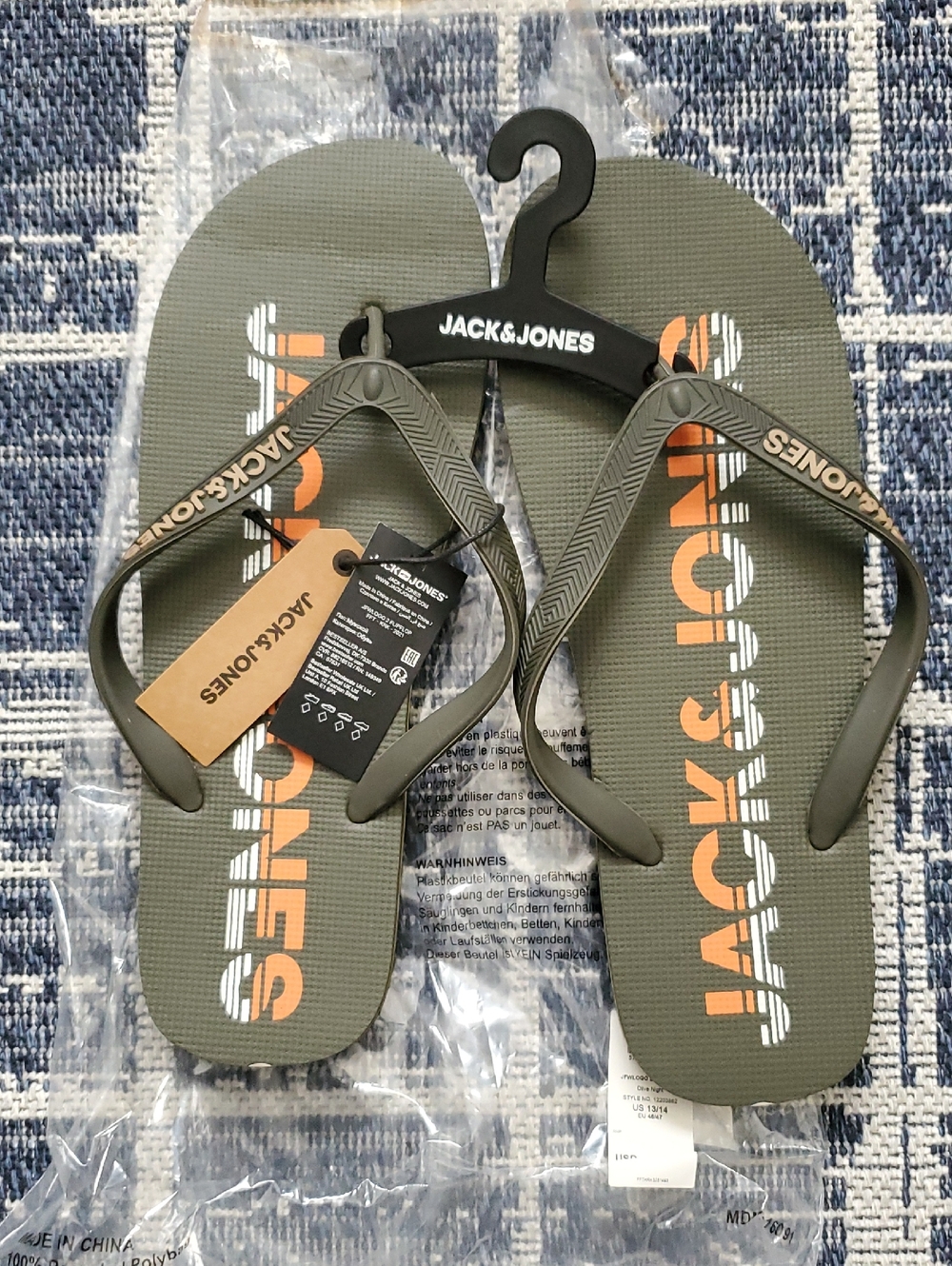 Jack & Jones Olive Green Flip Flops with Orange Logo Text NWT